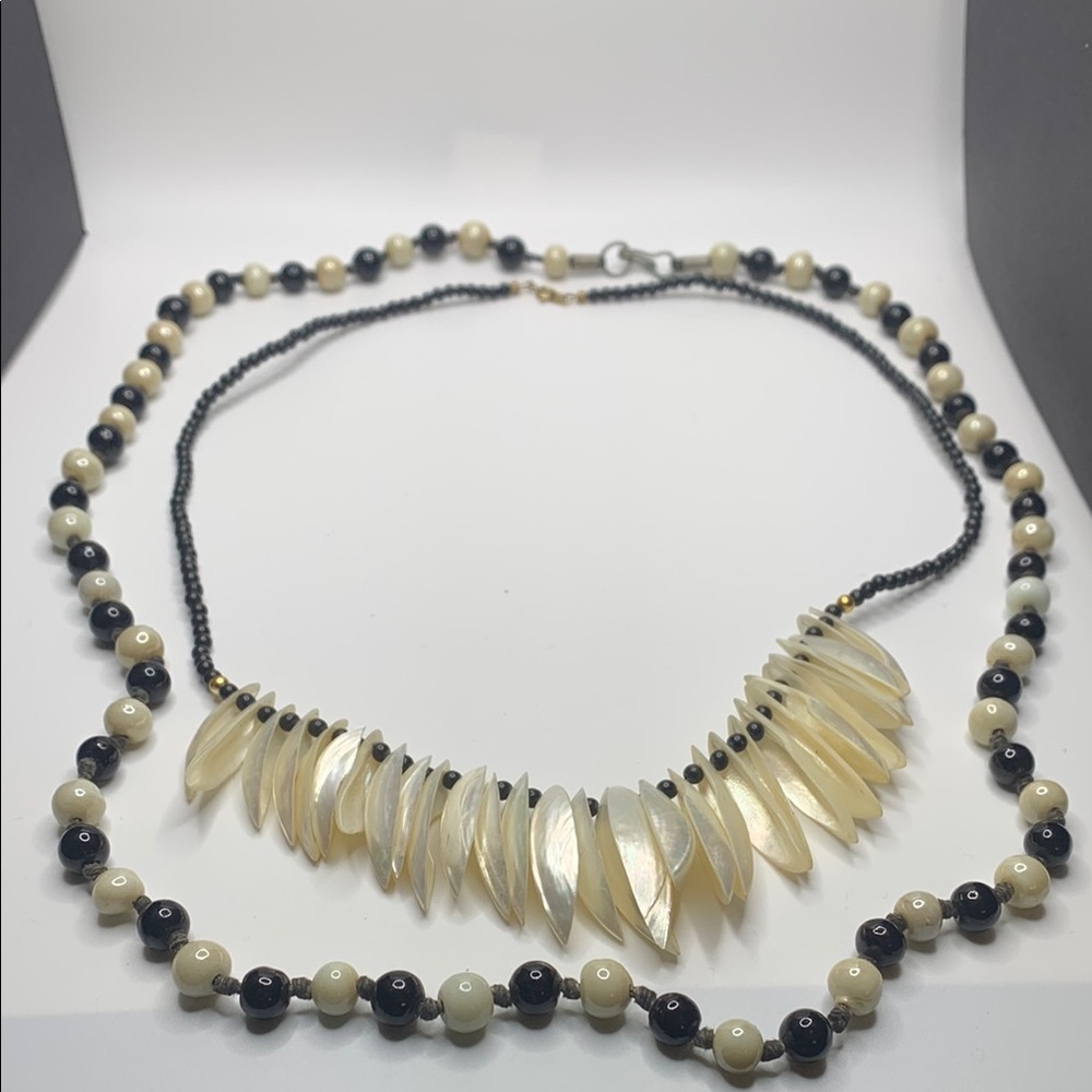 Two Vintage Black and‎ Cream Beaded Necklaces 22” and 32”
